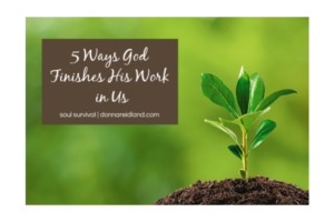 Small seedling against a green background and planted in dark rich soil with text that reads, 5 Ways God Finishes His Work in Us.