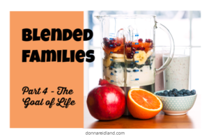 Blender filled with fruit with text that reads, Blended Families, Part 4 - The Goal of Life.