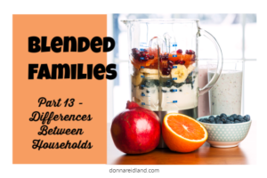 Blender with fruit smoothie with text that reads, Blended Families Part 13: Differences Between Households.