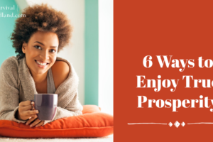 Beautiful young African American woman smiling as she relaxes at home with text that reads, 6 Ways to Enjoy True Prosperity,