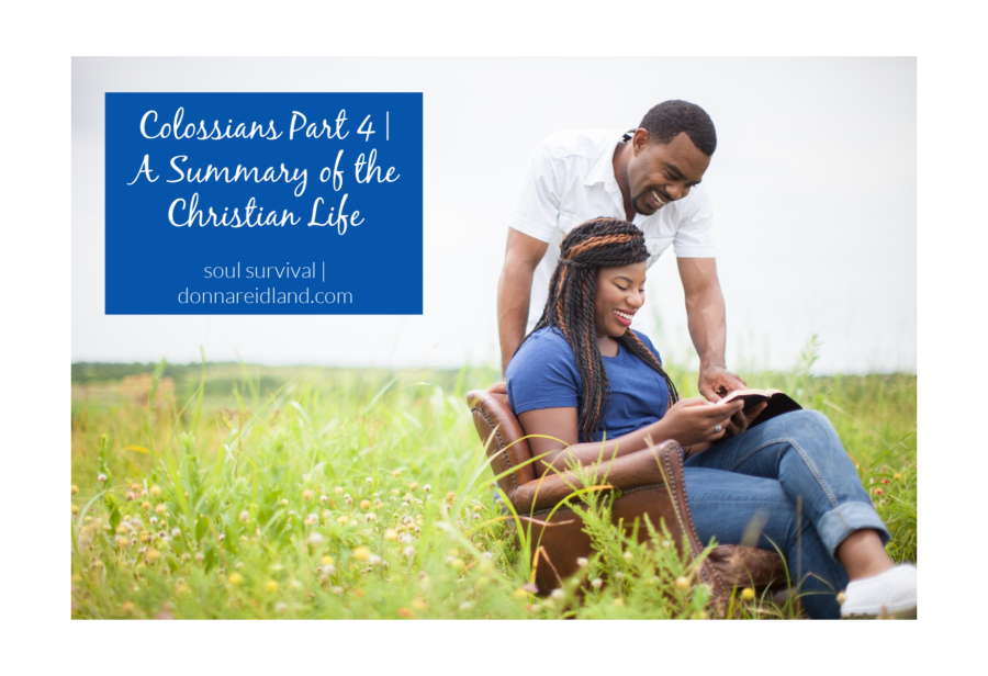 Happy African-American couple in a grassy field reading the Bible with text that reads, Colossians Part 4 | A Summary of the Christian Life