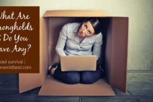Woman hiding in a cardboard box with a laptop and text that says, What Are Strongholds & Do I Have Any?