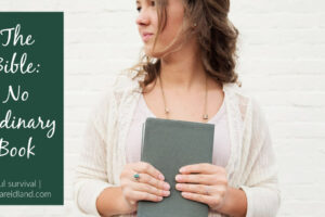 Young woman in a white dress holding a Bible with text that reads, The Bible: No Ordinary Book