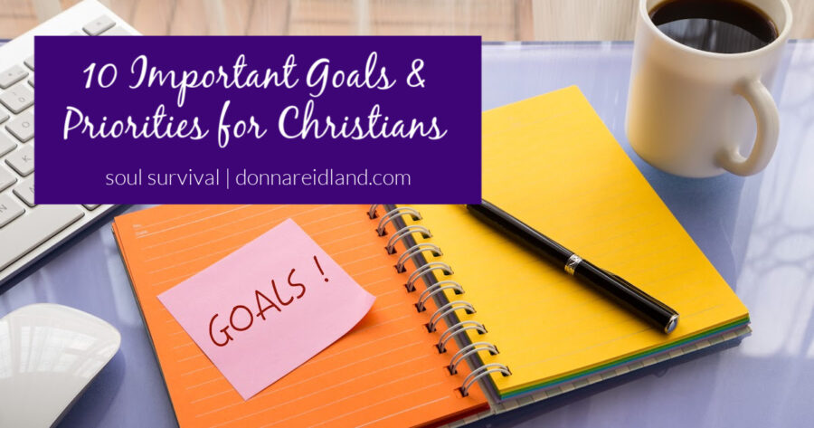 Notebook open with a pen on top and post-it notes alongside with text that reads, 10 Important Goals & Priorities for Christians