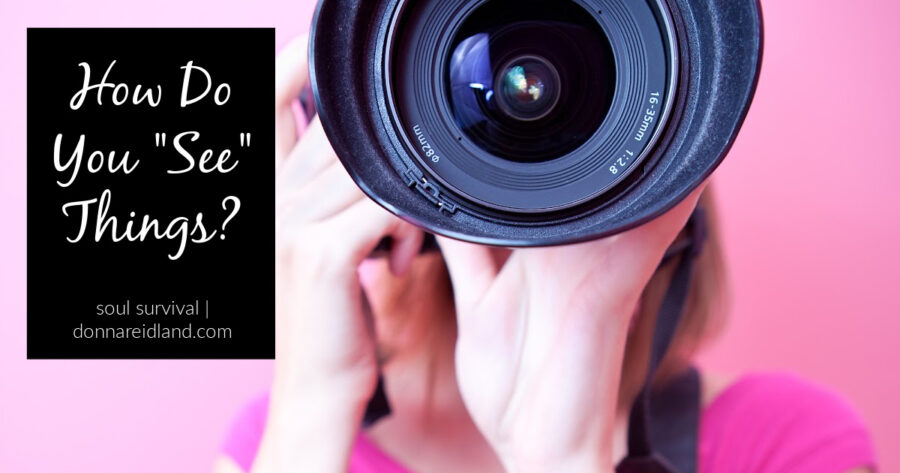Woman holding a large camera lens against a hot pink background with text that reads, How Do You "See" Things?