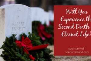Tombstone decorated with Christmas wreath and text that reads, Will You Experience the Second Death or Eternal Life?
