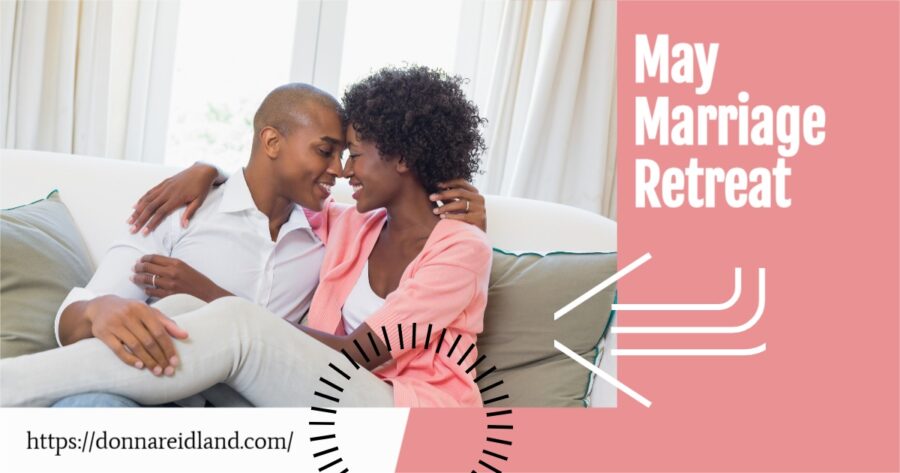 Happy African-American couple with text that reads, May Marriage Retreat