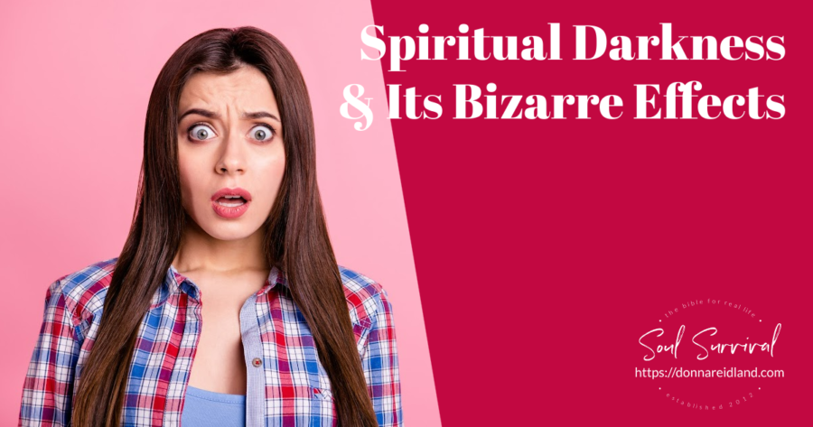 Shocked young woman in a plaid blouse against a pink background with text that reads, Spiritual Darkness & Its Bizarre Effects