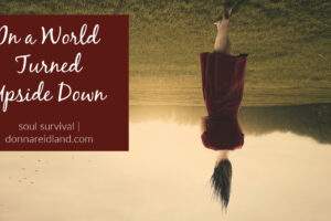 Woman standing upside down in a open field with text that reads, In a World Turned Upside Down