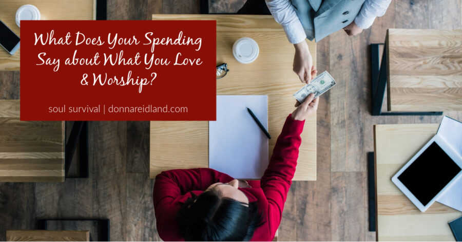 Woman in a red sweater reaching across the counter to pay for coffee with text that reads, What Does Your Spending Say about What You Love & Worship?