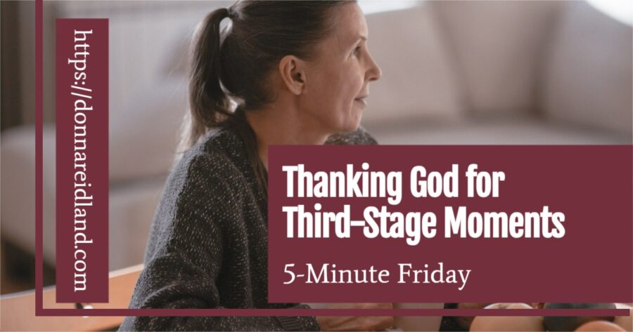 Mature woman looking at her husband with thankfulness to God with text that reads, Thanking God for Third-Stage Moments | 5-Minute Friday
