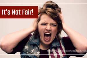 Angry woman in a denim blouse with stars and stripes with text that reads, It's Not Fair!