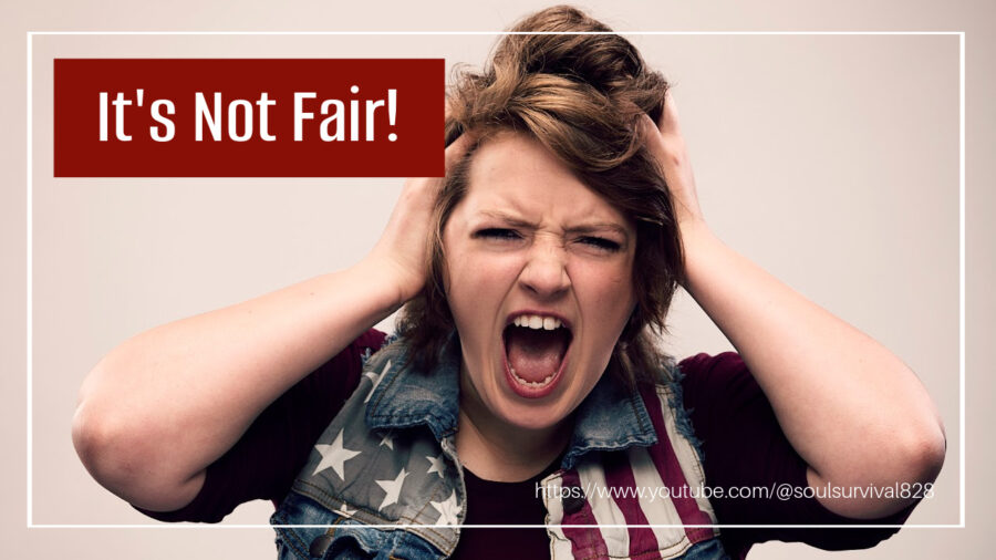 Angry woman in a denim blouse with stars and stripes with text that reads, It's Not Fair!