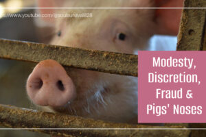 Cute pig with her nose poking through the fence with text that reads, Modesty, Discretion, Fraud & Pigs' Noses