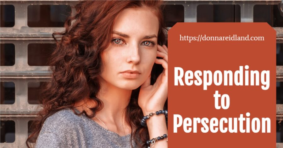 Serious looking woman with long dark hair and text that reads, Responding to Persecution