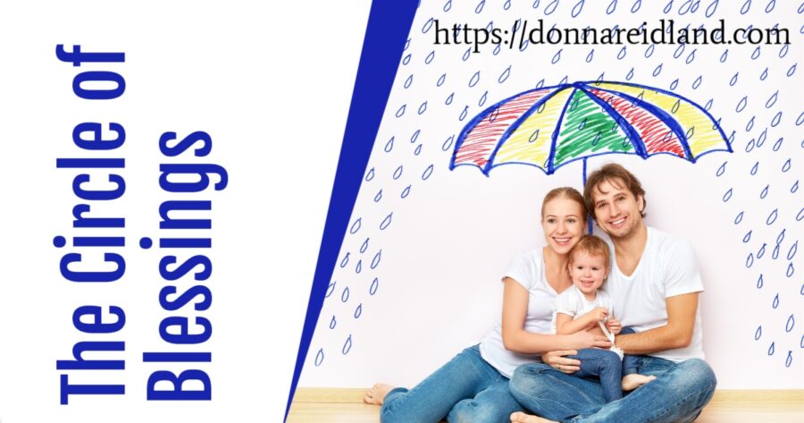 Family sitting together under the image of an umbrella with rain falling all around with text that reads, The Circle of Blessings