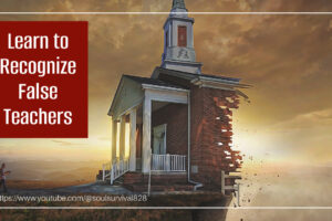 Church with the back of the building crumbling directly over a cliff with text that reads, Learn to Recognize False Teachers