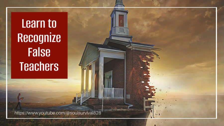 Church with the back of the building crumbling directly over a cliff with text that reads, Learn to Recognize False Teachers
