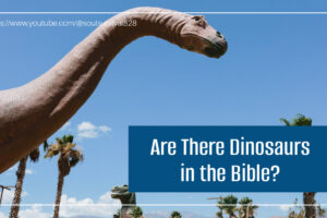 Statue of dinosaur against a blue sky with text that reads, Are There Dinosaurs in the Bible?