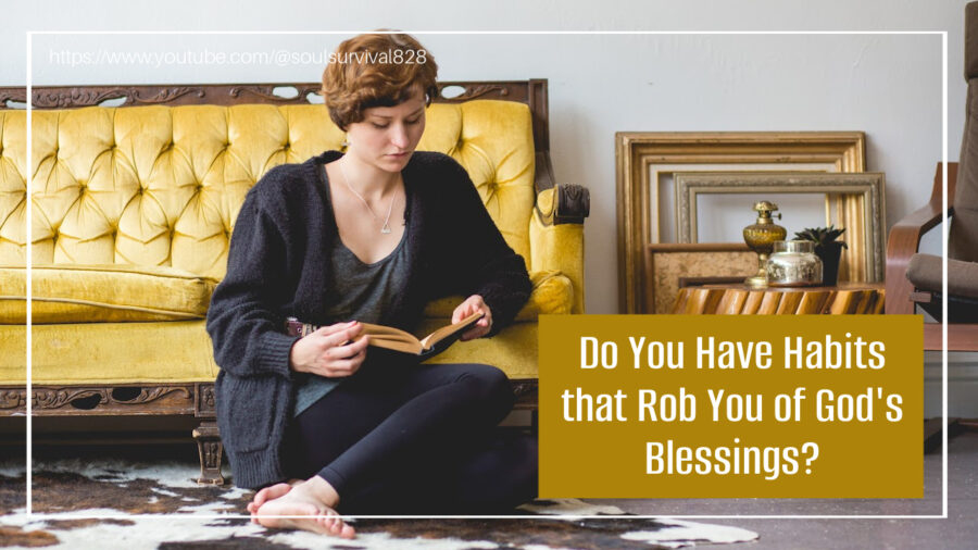 Young mom sitting on the floor in an upscale hourse reading a book with text that reads, Do You Have Habits that Rob You of God's Blessings?