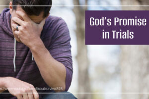 Depressed man in a purple shirt with his hand over his face and text that reads, God's Promise in Trials