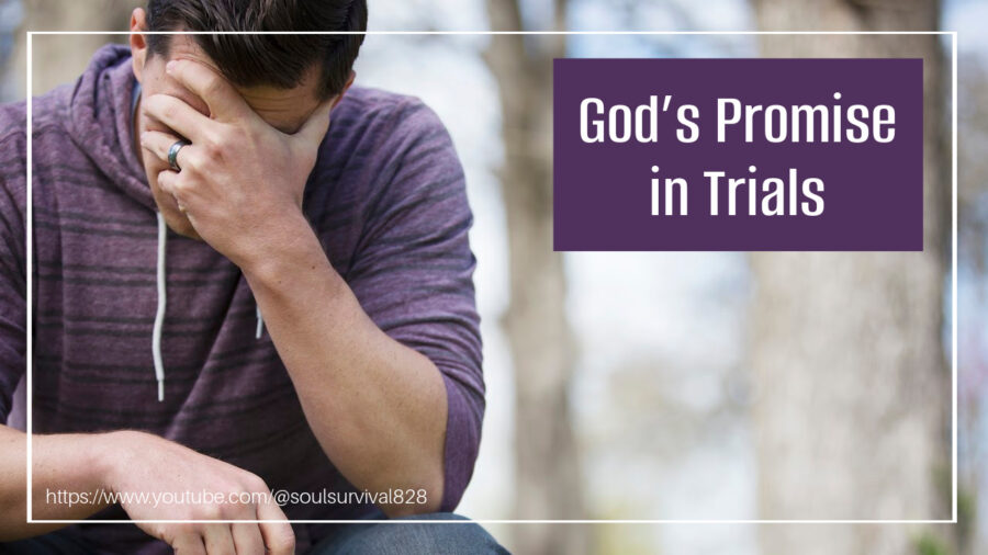 Depressed man in a purple shirt with his hand over his face and text that reads, God's Promise in Trials