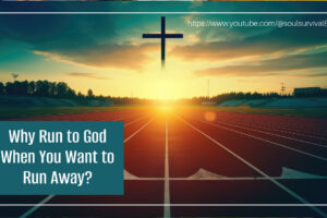 A running track that runs toward a rising sun and a cross with text that reads, Why Run to God When You Want to Run Away?