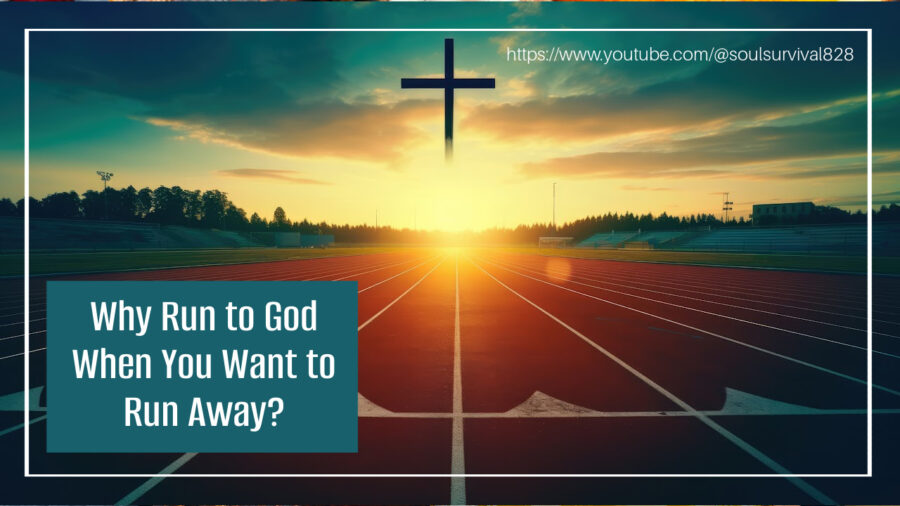 A running track that runs toward a rising sun and a cross with text that reads, Why Run to God When You Want to Run Away?