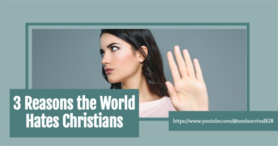 Woman raising her hand in a stop gesture with text that reads, 3 Reasons the World Hates Christians