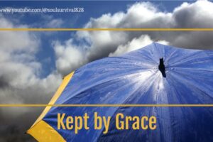 Big blue and yellow umbrella against a dark blue cloudy sky with text that reads, Kept by Grace