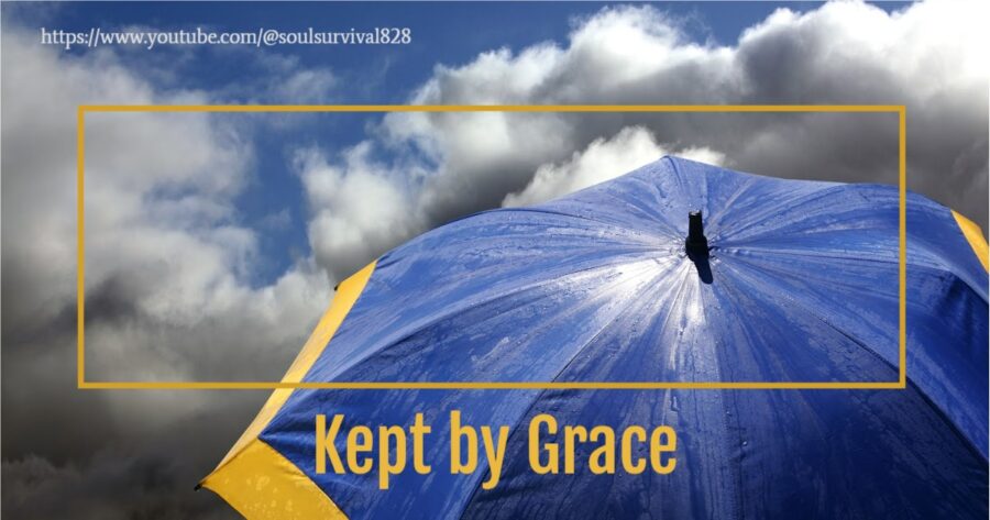 Big blue and yellow umbrella against a dark blue cloudy sky with text that reads, Kept by Grace