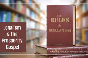 Book of rules and regulations standing on top of a stack of books in a library with text that reads, Legalism & the Prosperity Gospel