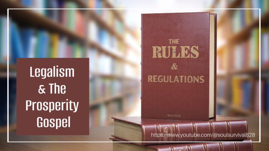 Book of rules and regulations standing on top of a stack of books in a library with text that reads, Legalism & the Prosperity Gospel