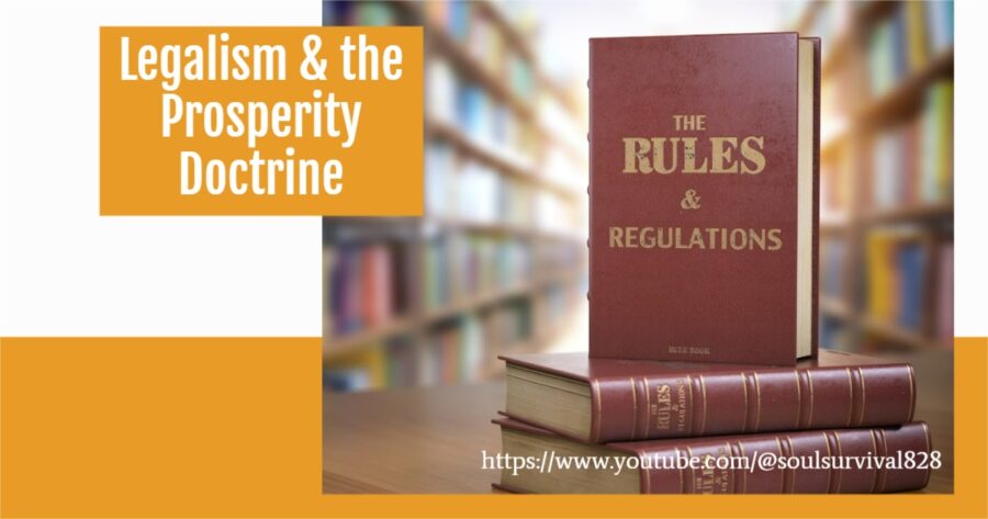 Book of rules and regulations standing on top of a stack of books in a library with text that reads, Legalism & the Prosperity Doctrine