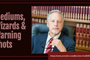 Politician sitting at a desk with text that reads, Mediums, Wizards & Warning Shots