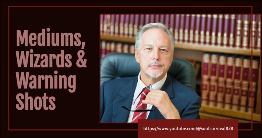 Politician sitting at a desk with text that reads, Mediums, Wizards & Warning Shots