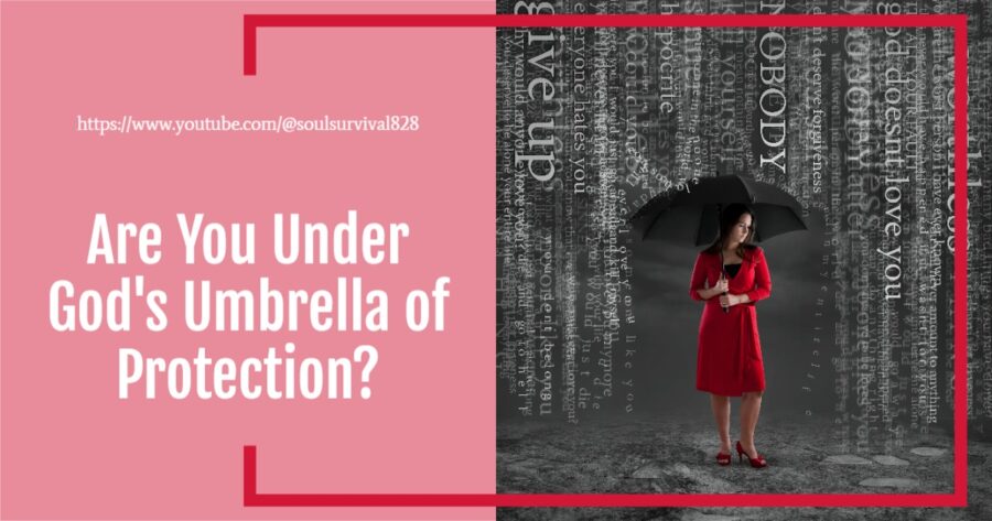 Young woman under an umbrella in the rain with text that says, are you under God's umbrella of protection?