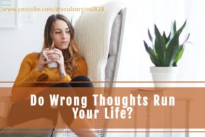 Young woman curled up in a chair drinking coffee and looking thoughtful with text that reads, Do Wrong Thoughts Run Your Life?