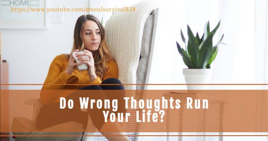 Young woman curled up in a chair drinking coffee and looking thoughtful with text that reads, Do Wrong Thoughts Run Your Life?