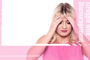 Woman in a bright pink blouse with her hands up to her head with text that reads, When We Struggle with Discouragement