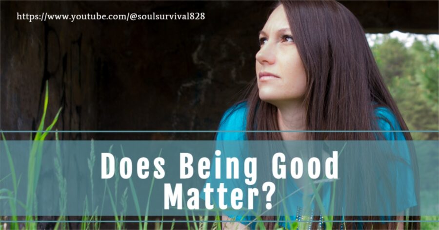 Woman with long dark hair and a serious expression with text that reads, Does Being Good Matter?