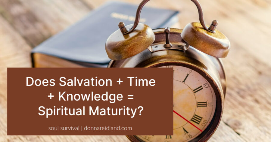 A bible and an old clock on a rough wooden background with text that reads, Does Salvation + Time + Knowledge = Spiritual Maturity?