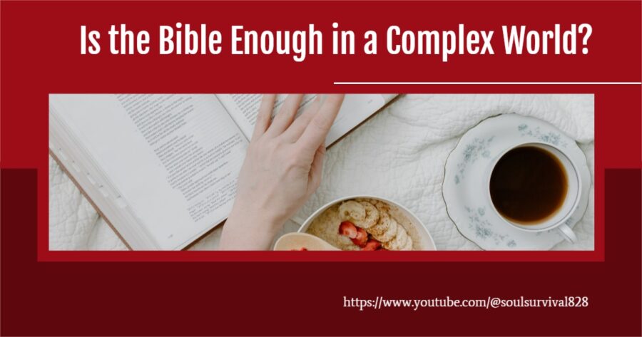 An open Bible, breakfast cereal with strawberries and a cup of coffee on a white table with text that reads, Is the Bible Enought in a Complex World?