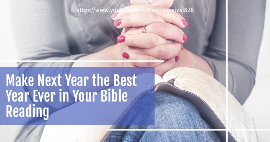 Woman in jeans and a gray sweater with an open bible on her lap with text that reads, Make Next Year the Best Year Ever in Your Bible ReadingMake Next Year the Best Year Ever in Your Bible Reading