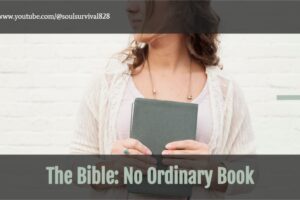 Young woman in a white dress holding a Bible with text that reads, The Bible: No Ordinary Book