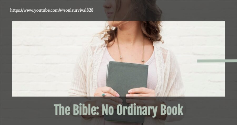 Young woman in a white dress holding a Bible with text that reads, The Bible: No Ordinary Book