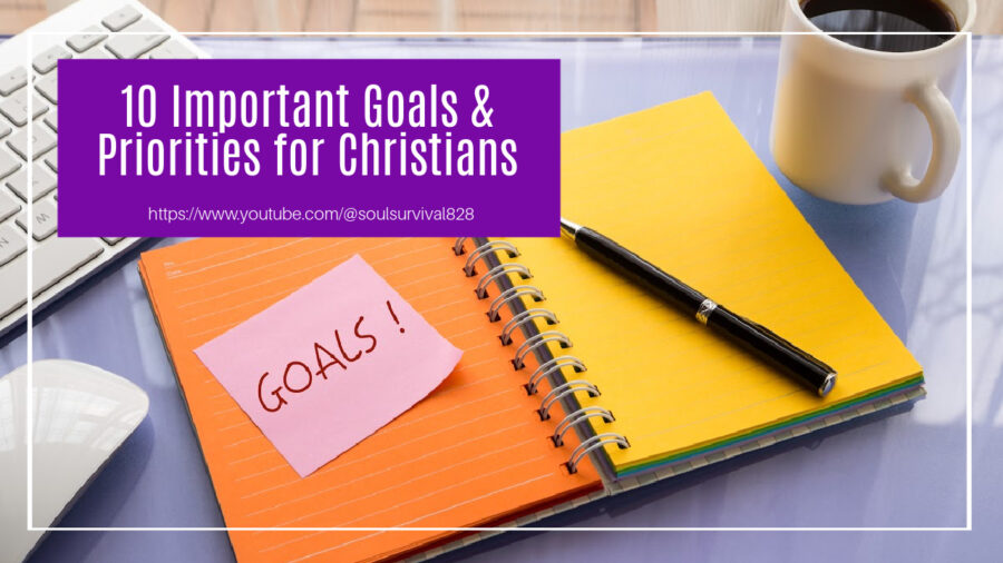 Notebook open with a pen on top and post-it notes alongside with text that reads, 10 Important Goals & Priorities for Christians