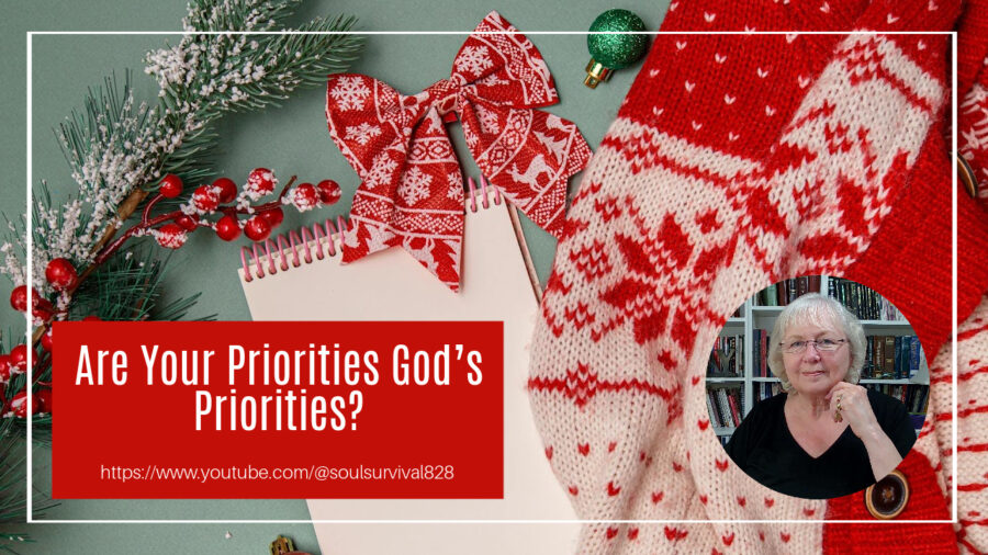 Notebook, Christmas sweater, and other Christmas decor on a table with text that reads, Are Your Priorities God’s Priorities?