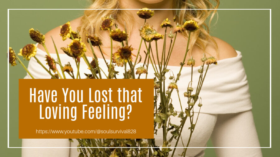 Young blond woman looking sadly at a bouquet of dead flowers with text that reads, Have You Lost that Loving Feeling?