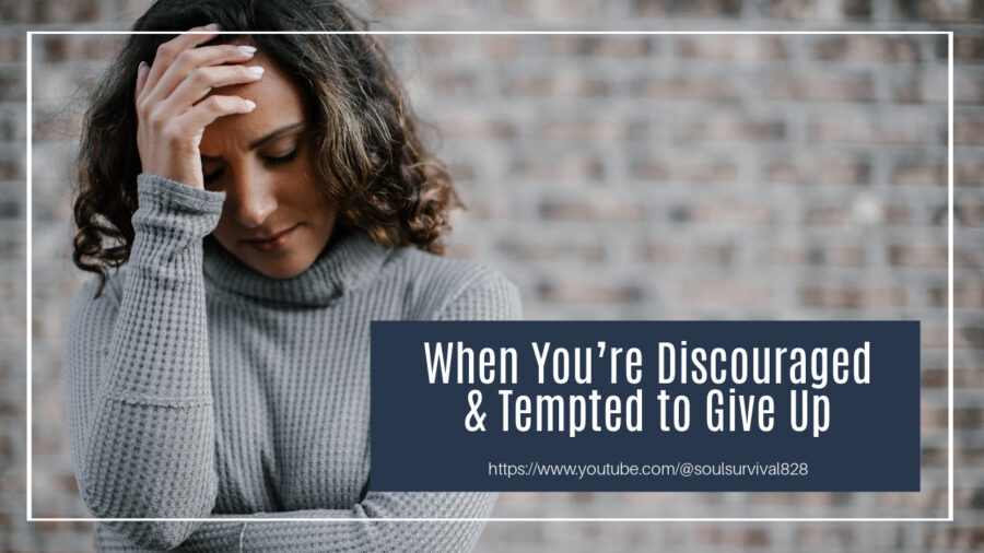 Discouraged young woman with her hand on her forehead looking at a clipboard with text that reads, Discouraged by Your Circumstances?